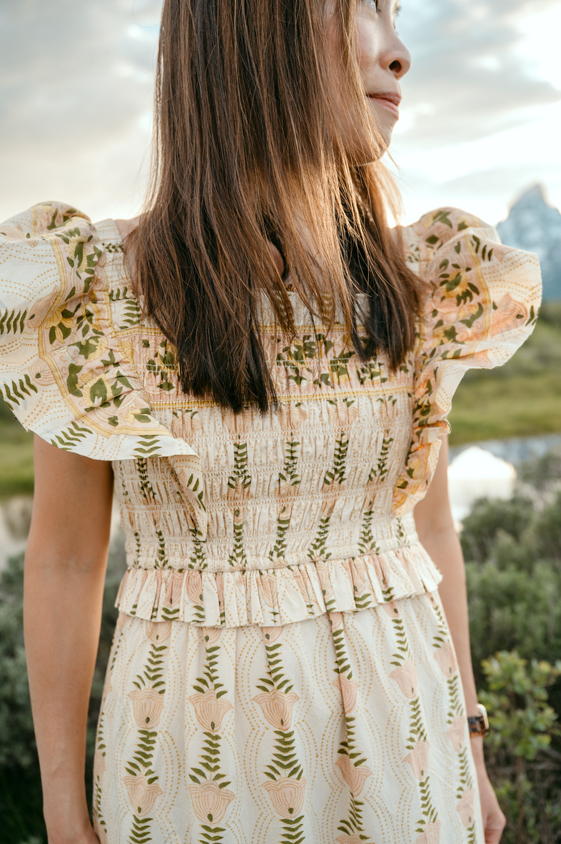 Women’s antique marigold floral block print ruffle sleeve dress