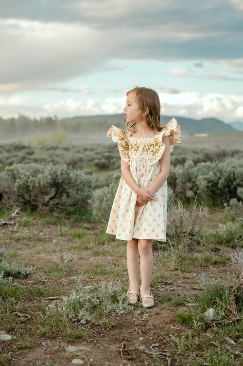 Girls antique marigold floral block print ruffle sleeve dress