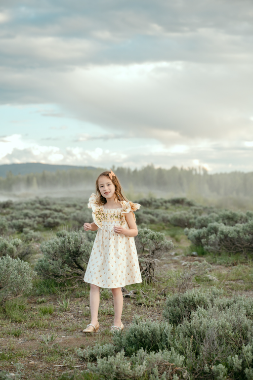 Girls antique marigold floral block print ruffle sleeve dress