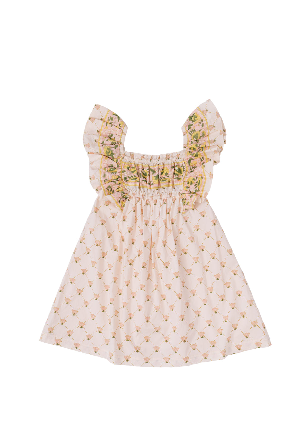 Girls antique marigold floral block print ruffle sleeve dress