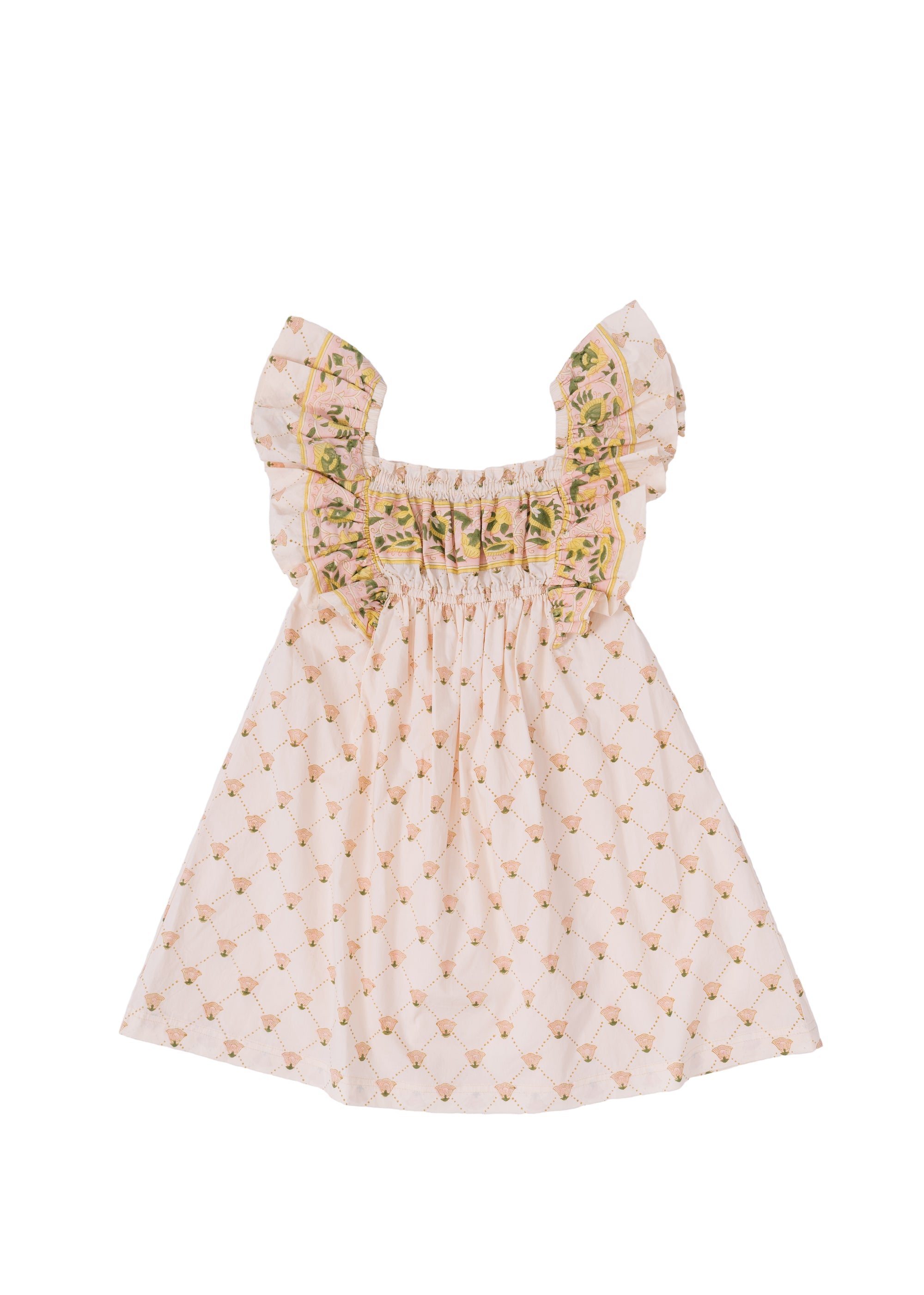 Girls antique marigold floral block print ruffle sleeve dress