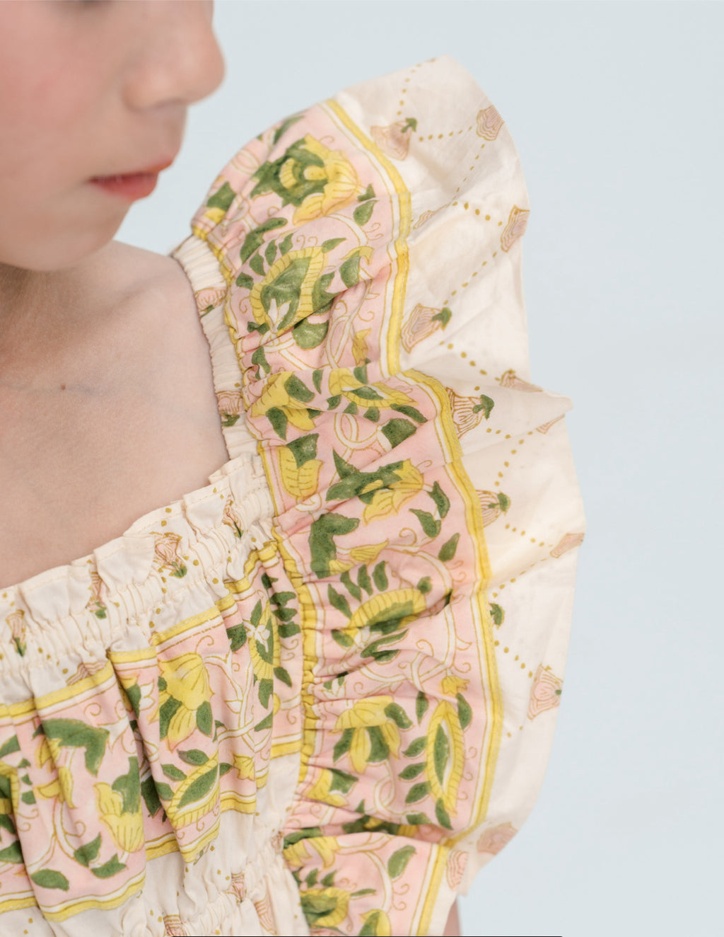 Girls antique marigold floral block print ruffle sleeve dress