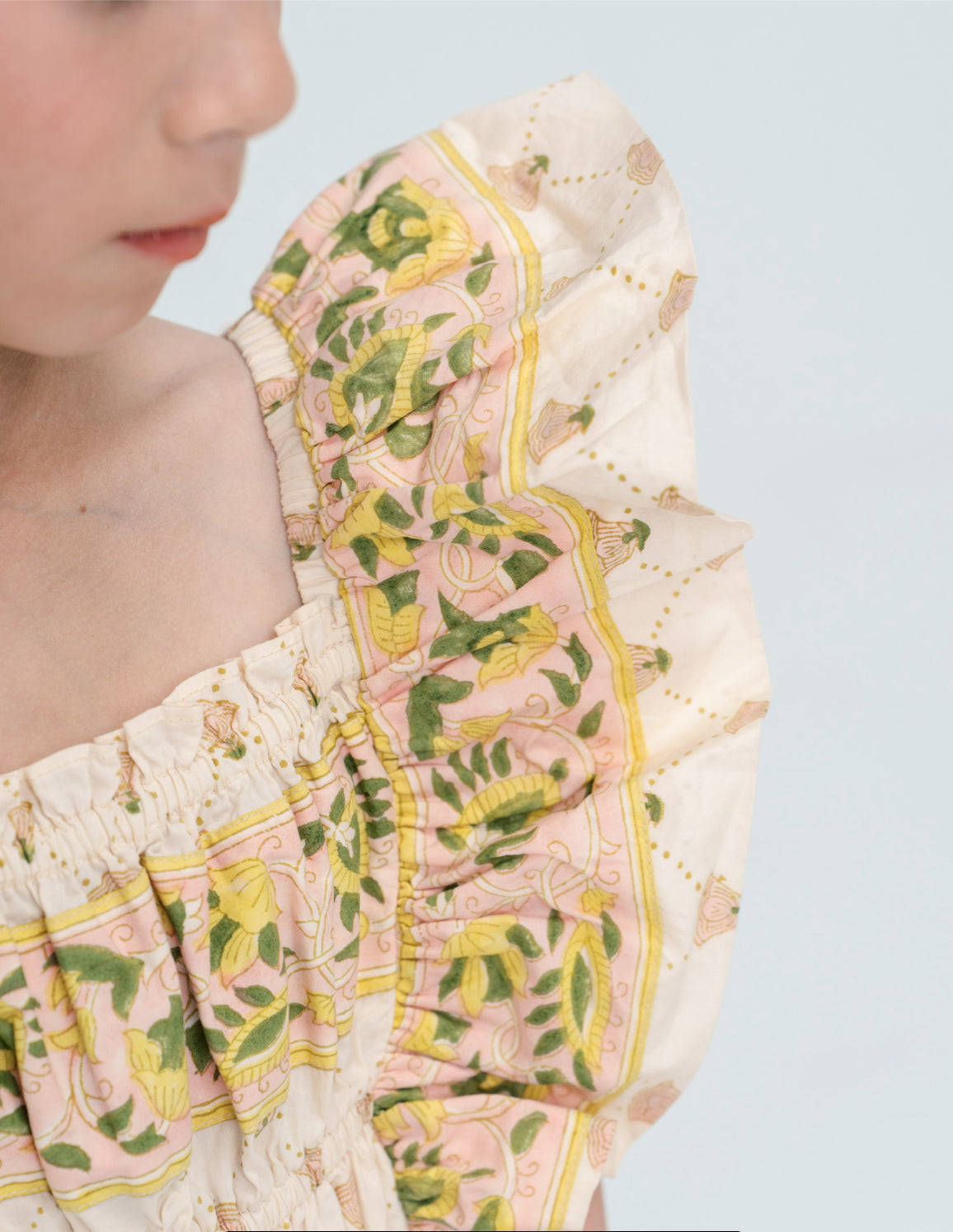 Girls antique marigold floral block print ruffle sleeve dress