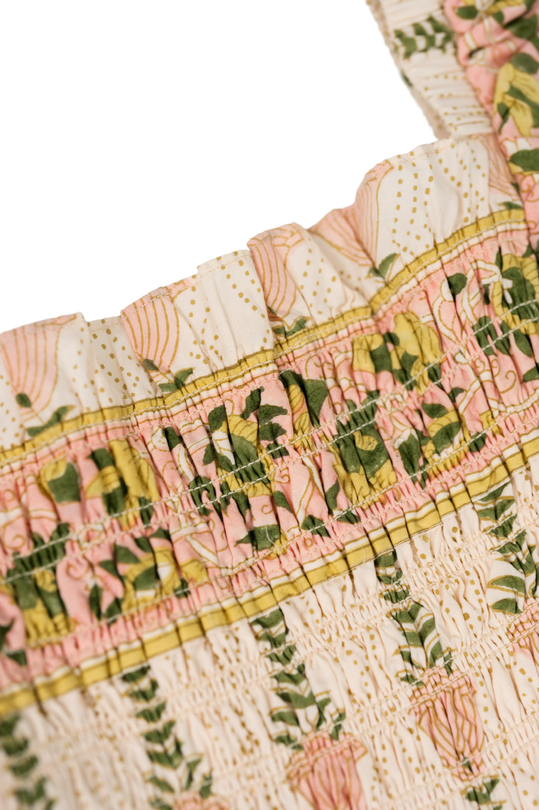 Close-up of a decorative fabric with floral patterns and ruffled edge.