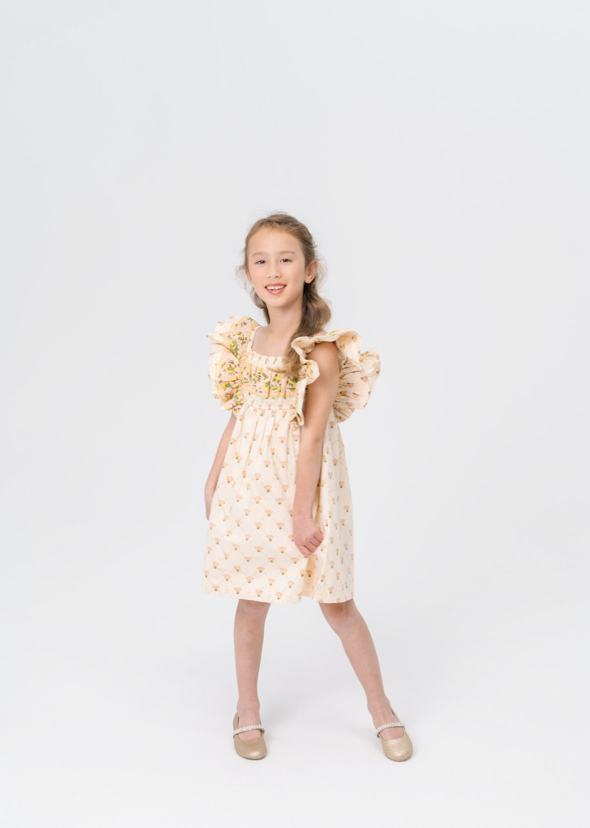 Girls antique marigold floral block print ruffle sleeve dress