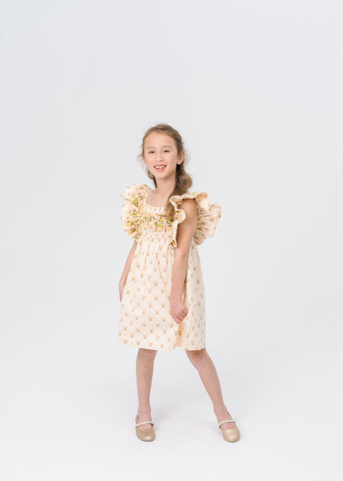 Girls antique marigold floral block print ruffle sleeve dress