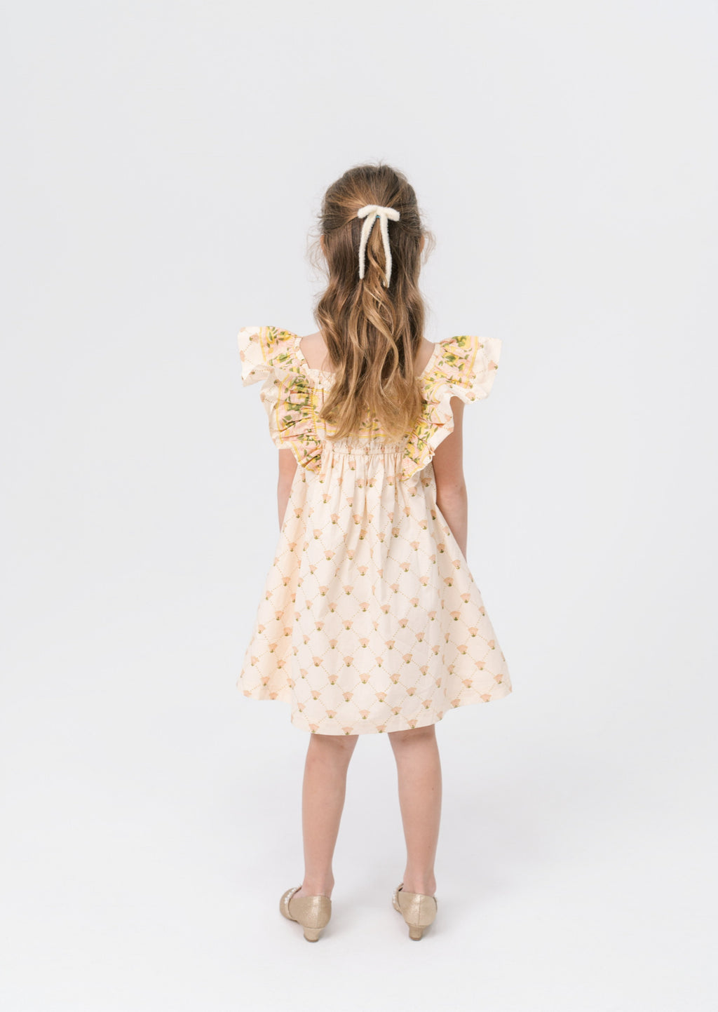 Girls antique marigold floral block print ruffle sleeve dress