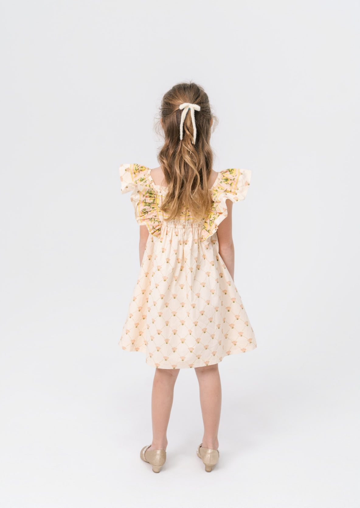 Girls antique marigold floral block print ruffle sleeve dress