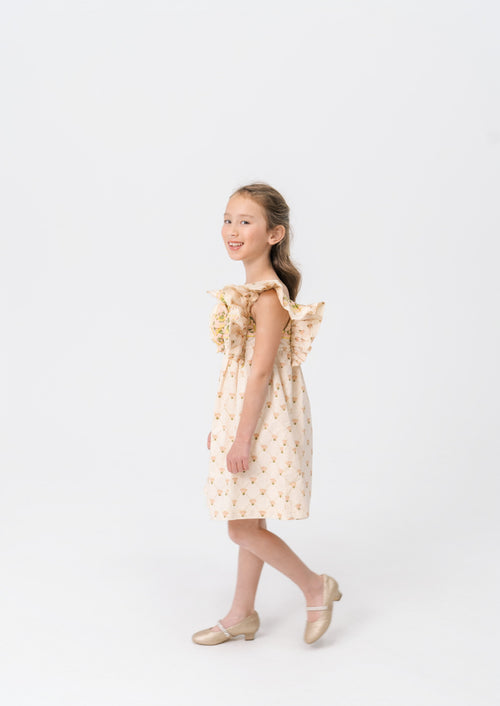 Girls antique marigold floral block print ruffle sleeve dress