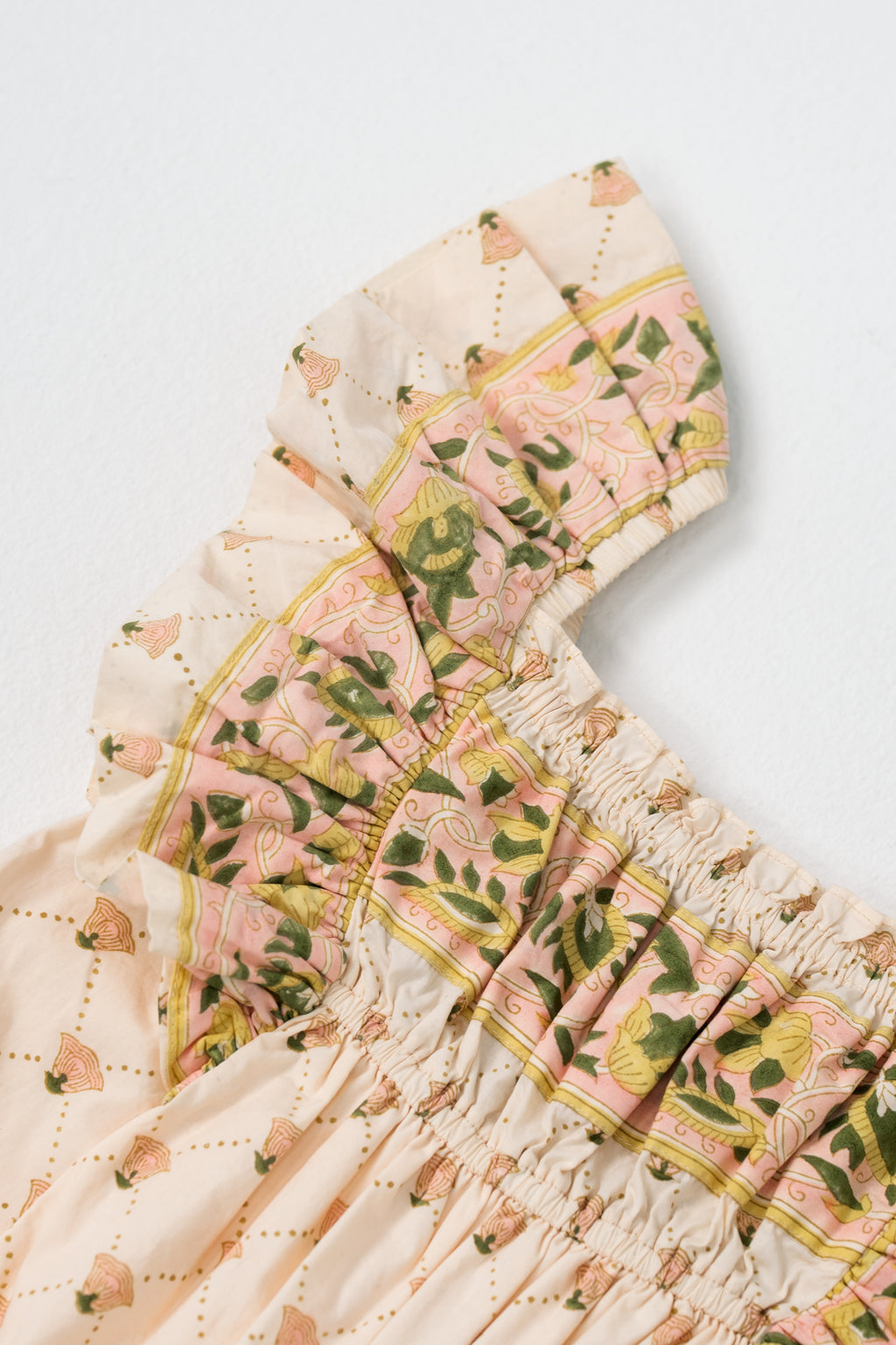 Girls antique marigold floral block print ruffle sleeve dress