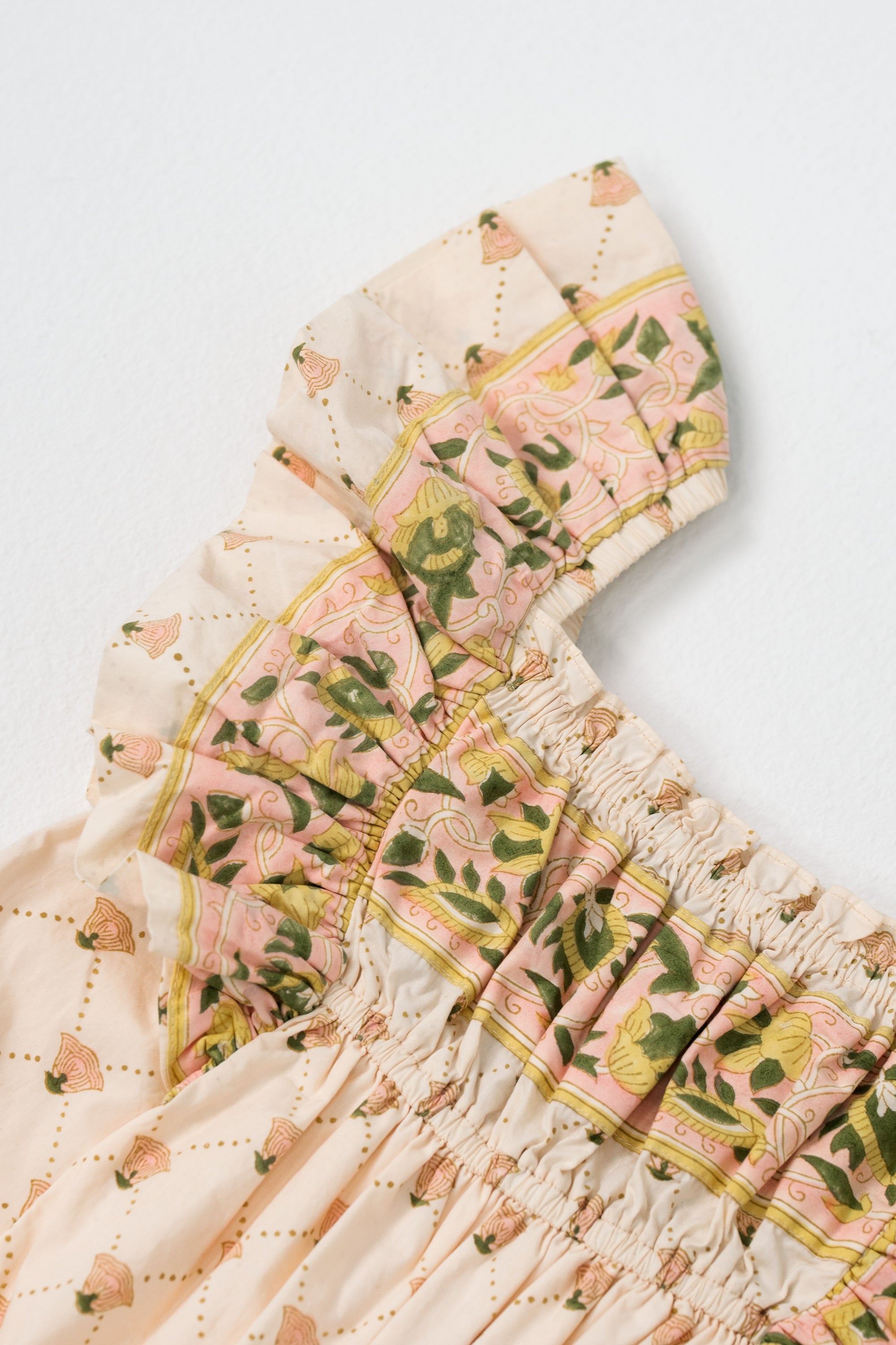 Girls antique marigold floral block print ruffle sleeve dress